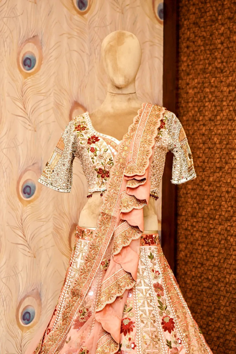 PINK COLOR FULL HAND RESHAM PEARL WORK BRIDAL LEHENGA