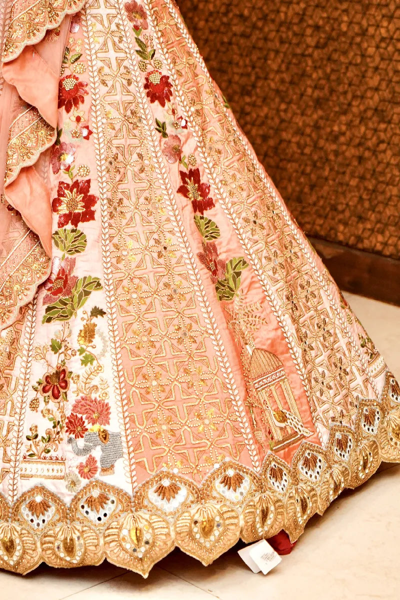 PINK COLOR FULL HAND RESHAM PEARL WORK BRIDAL LEHENGA