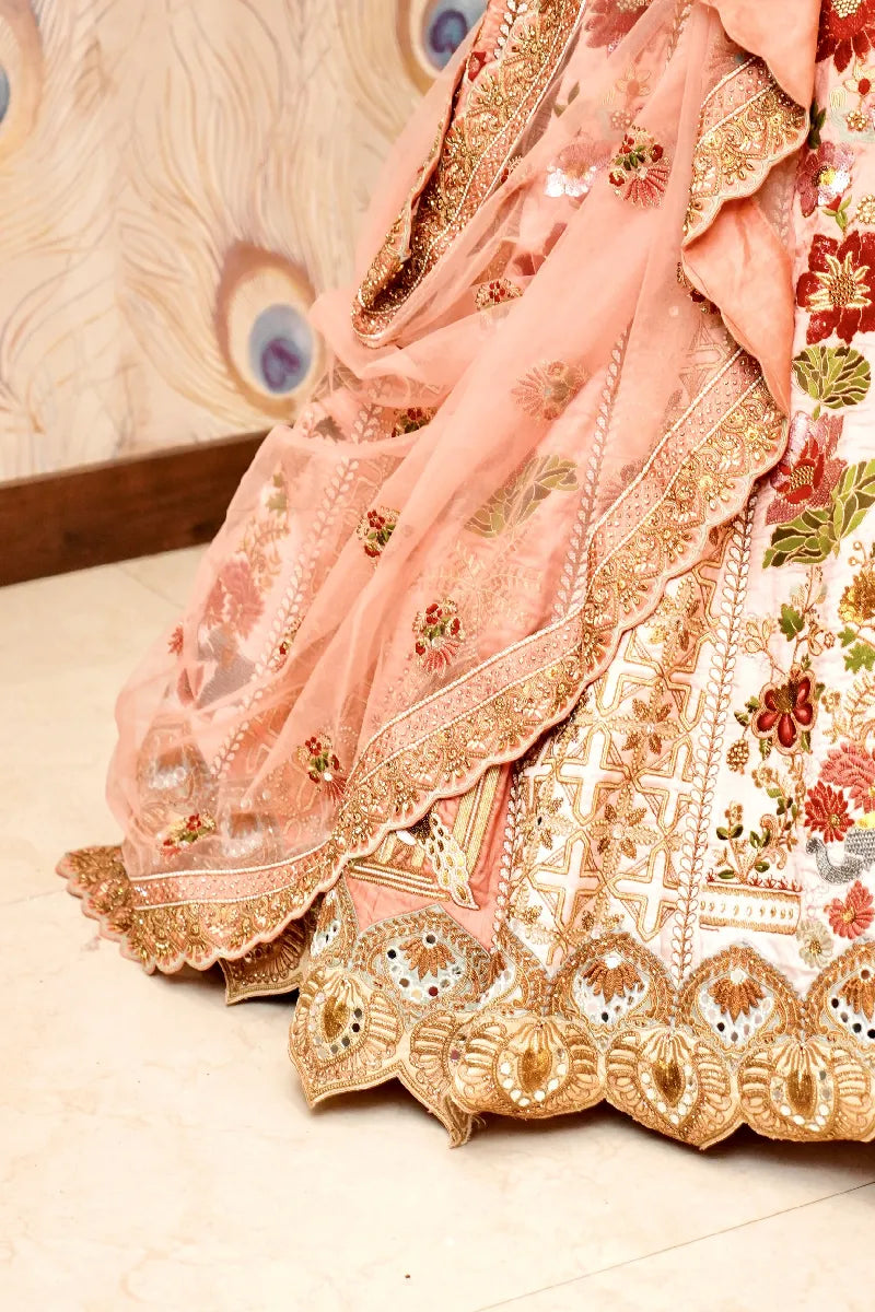PINK COLOR FULL HAND RESHAM PEARL WORK BRIDAL LEHENGA