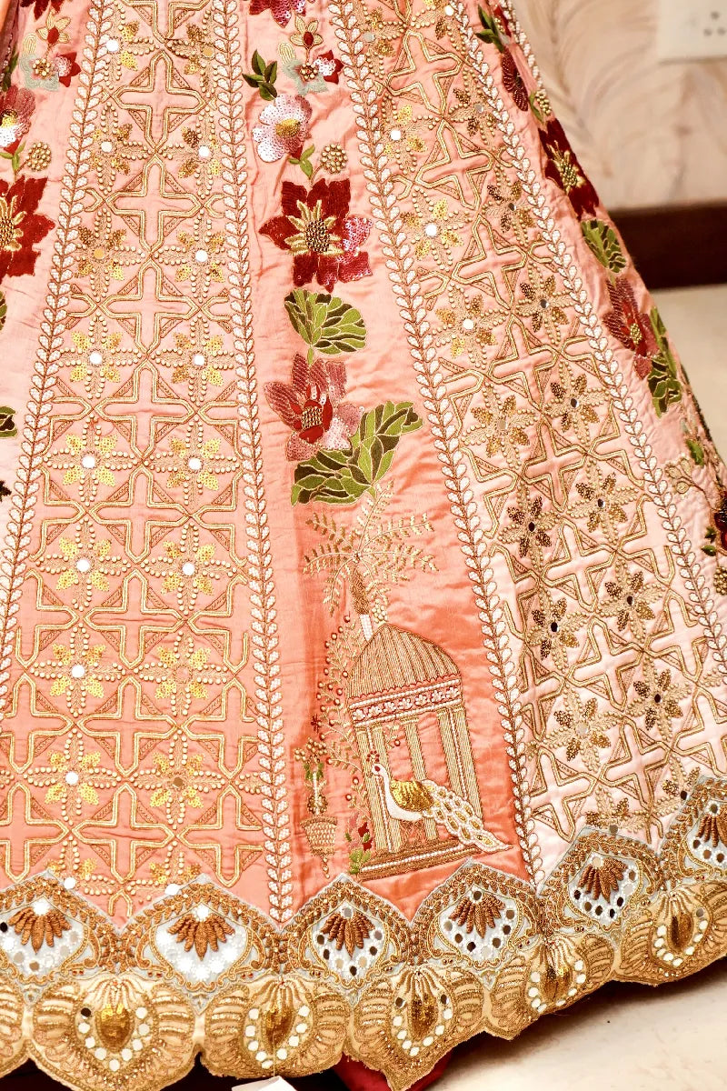 PINK COLOR FULL HAND RESHAM PEARL WORK BRIDAL LEHENGA