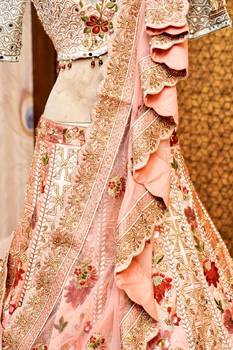 PINK COLOR FULL HAND RESHAM PEARL WORK BRIDAL LEHENGA