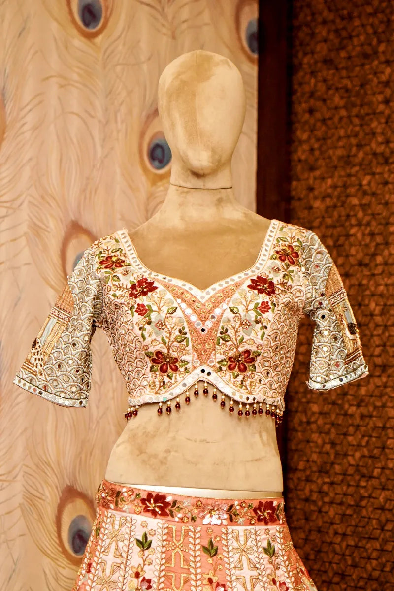 PINK COLOR FULL HAND RESHAM PEARL WORK BRIDAL LEHENGA