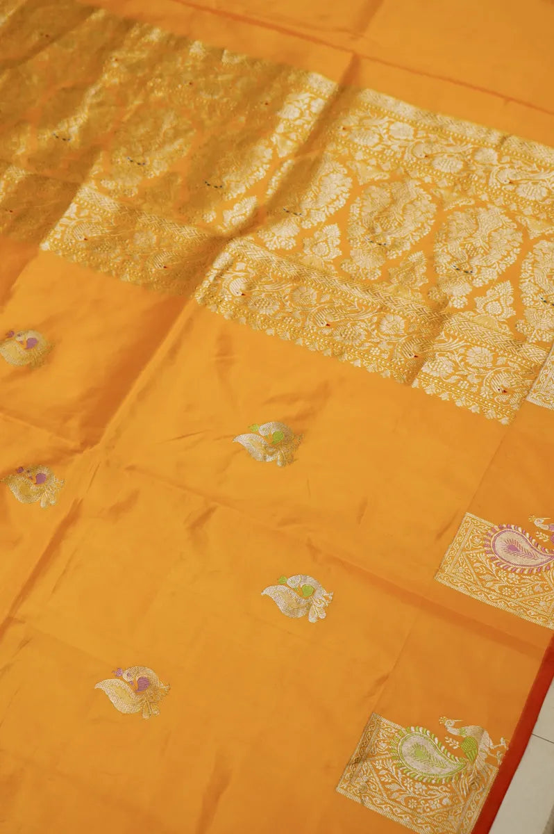 PURE BANARASI MUSTARD YELLOW SINGLE KATAN SILK SAREE