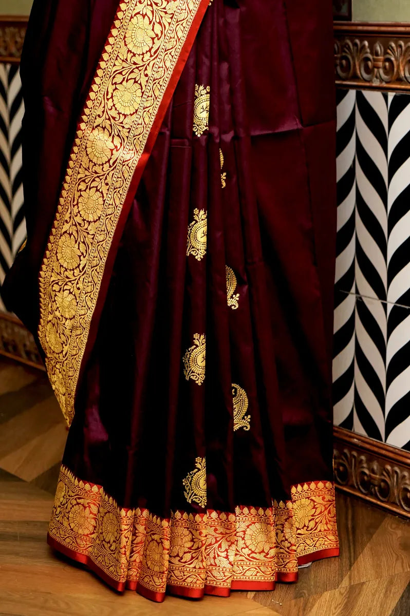 PURE BANARASI COFFEE RED SINGLE KATAN SILK SAREE