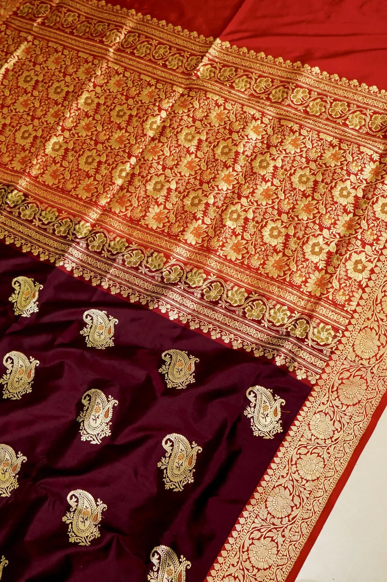 PURE BANARASI COFFEE RED SINGLE KATAN SILK SAREE