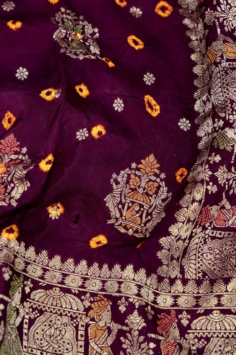 WINE COLOR GAJJI SILK BANDHANI SAREE