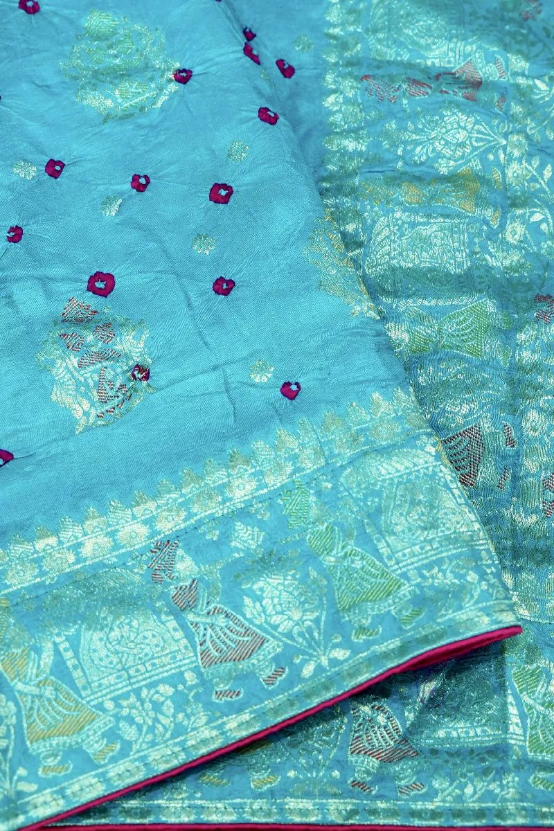 SEA GREEN COLOR GAJJI SILK BANDHANI SAREE