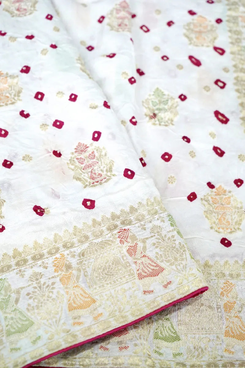 WHITE COLOR GAJJI SILK BANDHANI SAREE