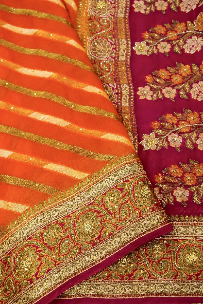 ORANGE WITH PINK COLOR KHADDI GEORGETTE SAREE