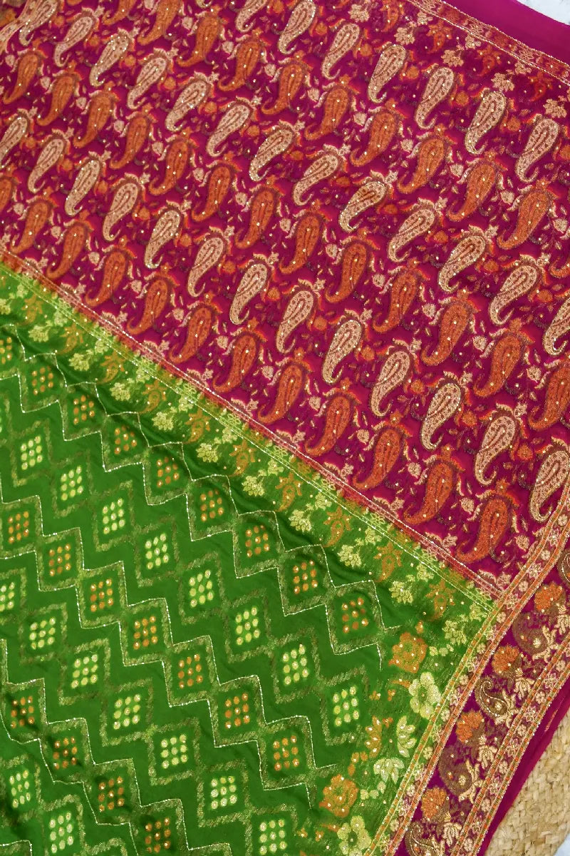 GREEN WITH PINK COLOR KHADDI GEORGETTE SAREE