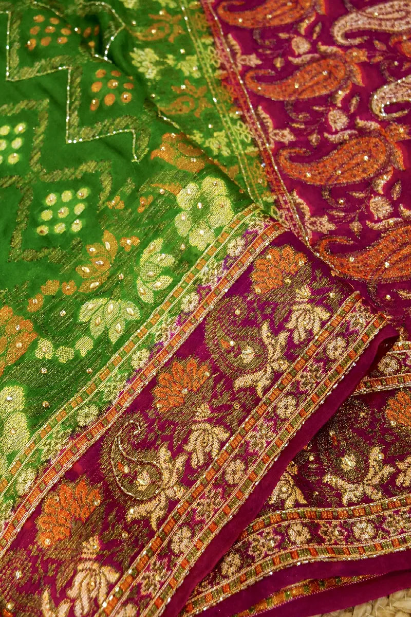 GREEN WITH PINK COLOR KHADDI GEORGETTE SAREE