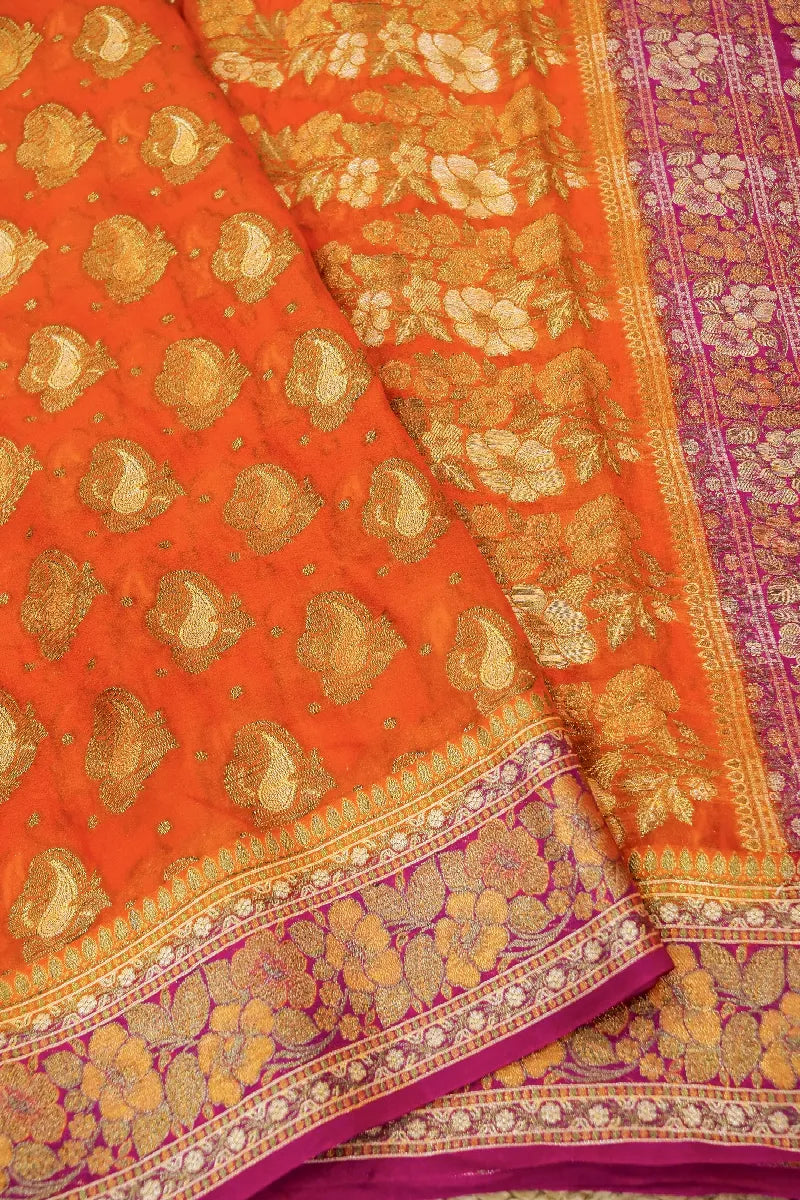 ORANGE WITH PINK COLOR KHADDI GEORGETTE SAREE