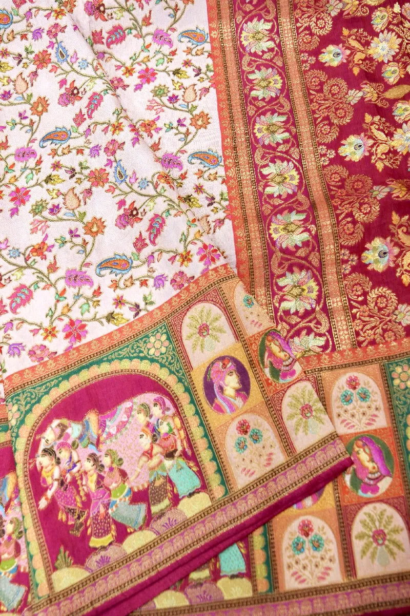 OFF WHITE WITH PINK COLOR CREPE SILK PASHMINA SAREE