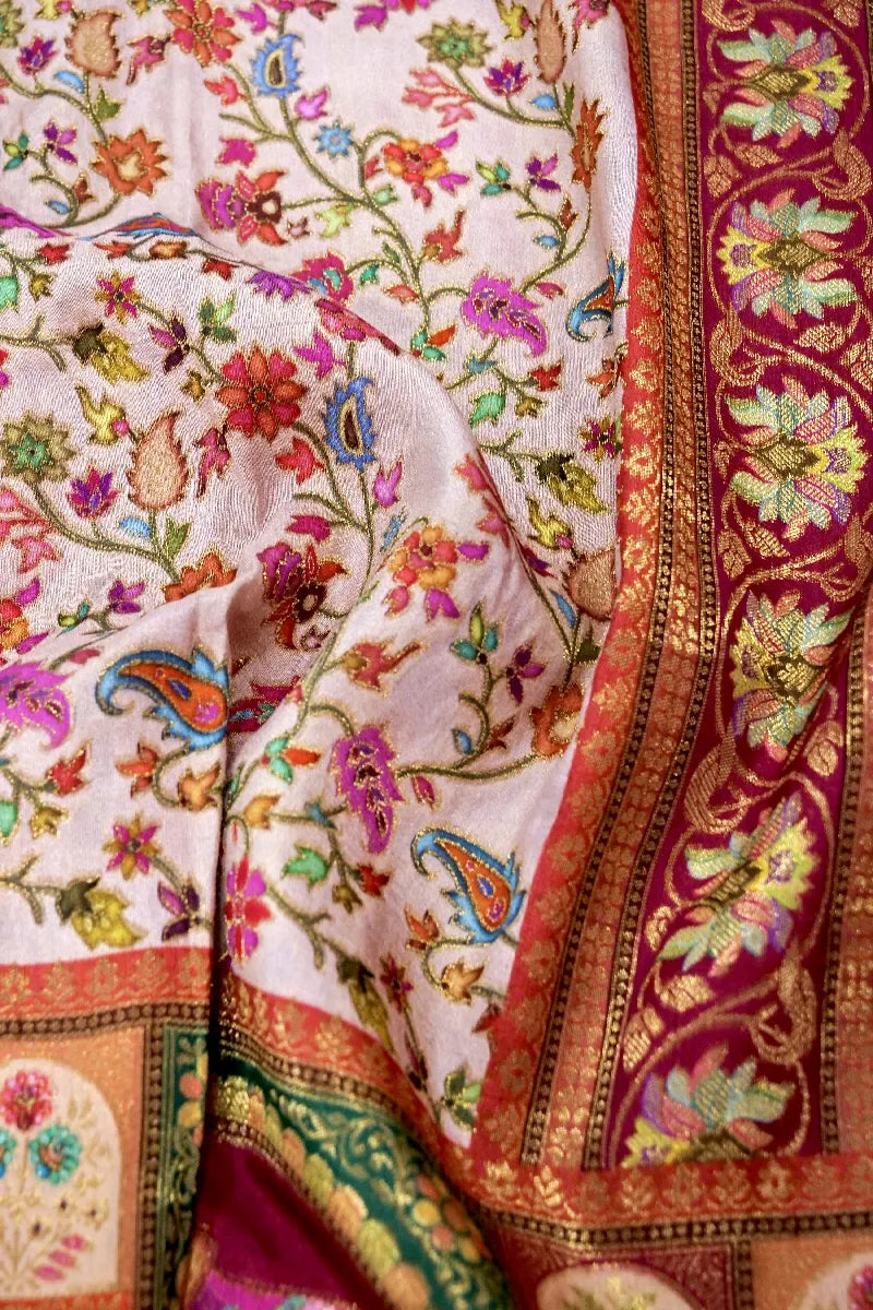 OFF WHITE WITH PINK COLOR CREPE SILK PASHMINA SAREE