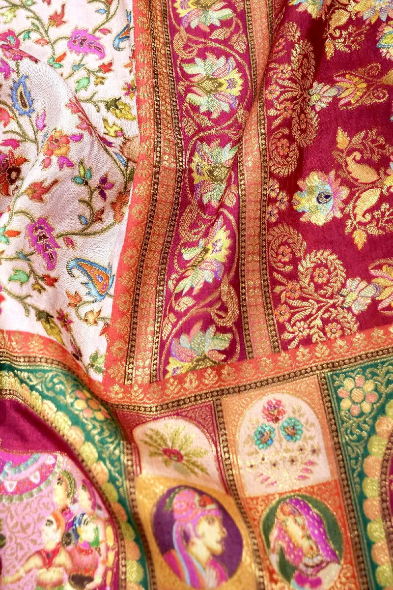 OFF WHITE WITH PINK COLOR CREPE SILK PASHMINA SAREE