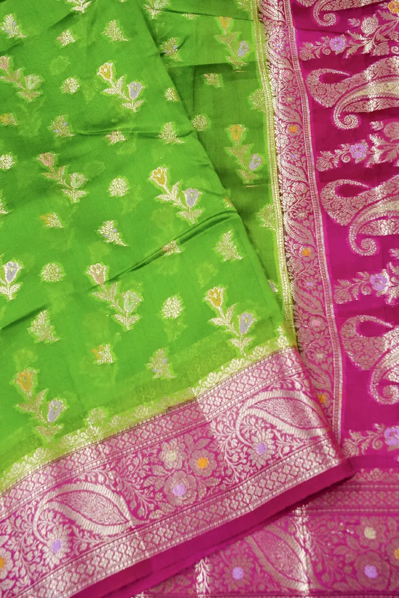 GREEN WITH PINK COLOR PURE DUPIAN SILK SAREE