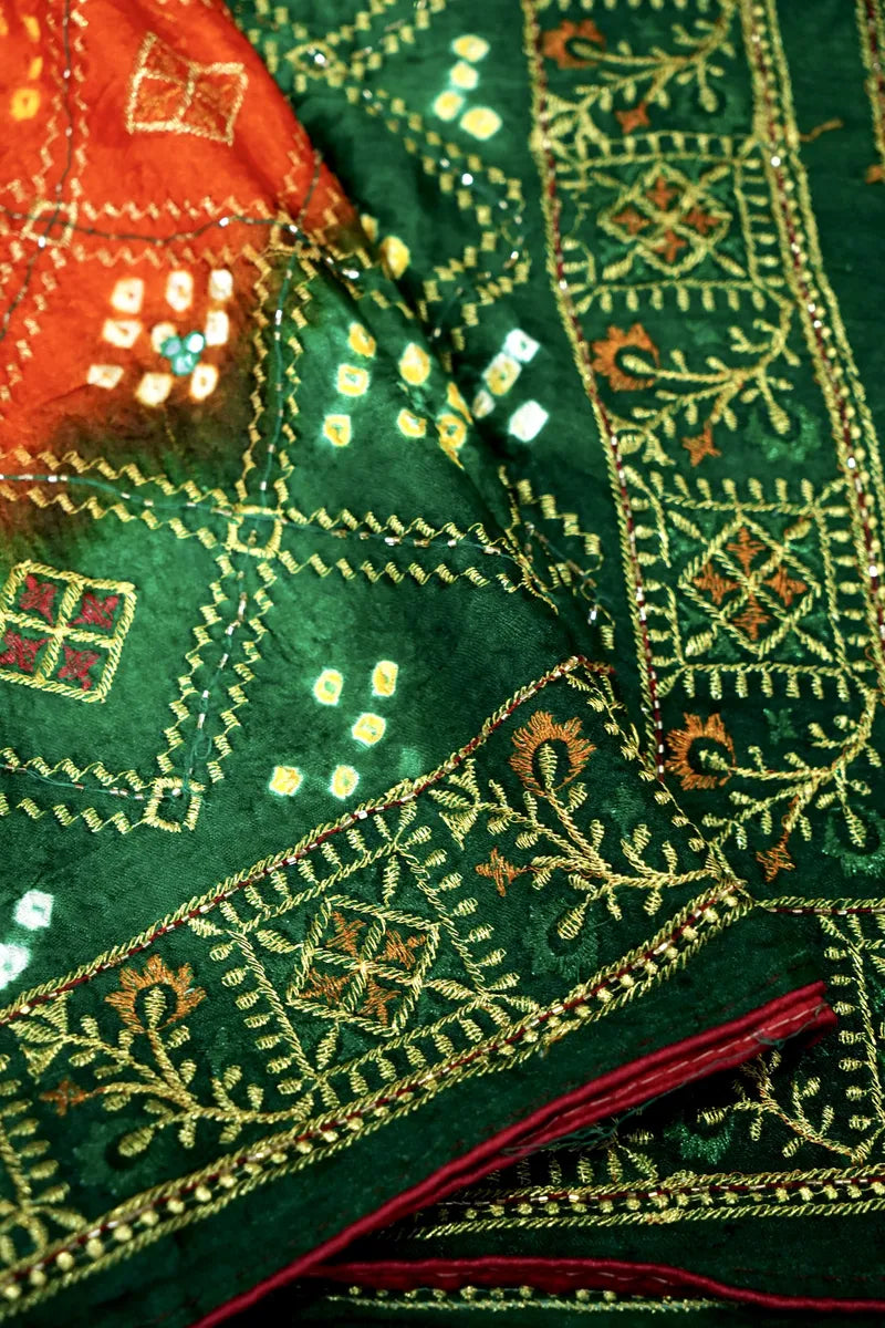 ORANGE WITH GREEN COLOR BANDHEJ SAREE