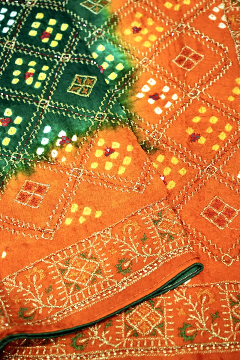 GREEN WITH ORANGE COLOR BANDHEJ SAREE