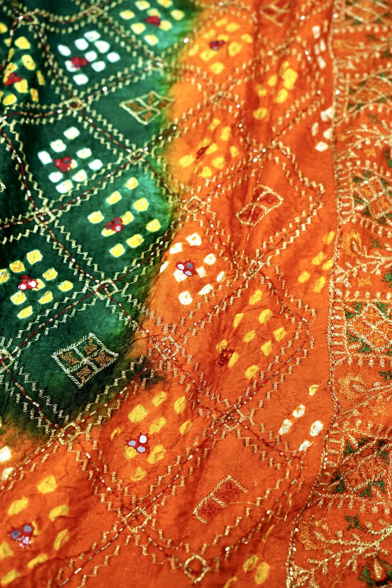 GREEN WITH ORANGE COLOR BANDHEJ SAREE