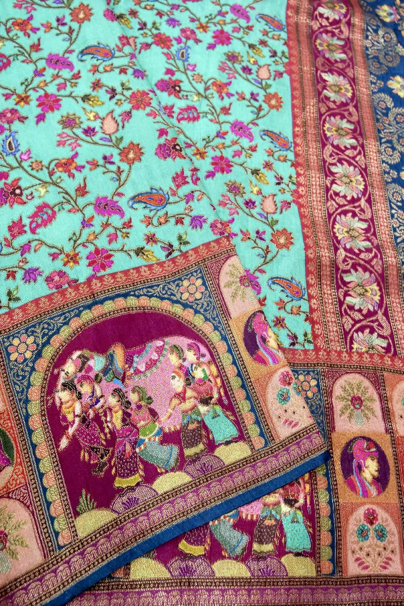 SEA GREEN WITH MAROON COLOR CREPE SILK PASHMINA SAREE