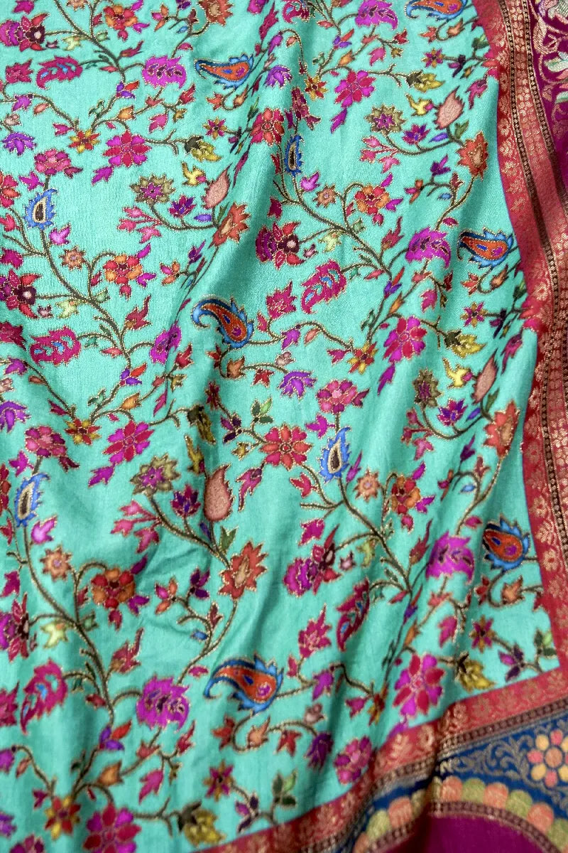 SEA GREEN WITH MAROON COLOR CREPE SILK PASHMINA SAREE