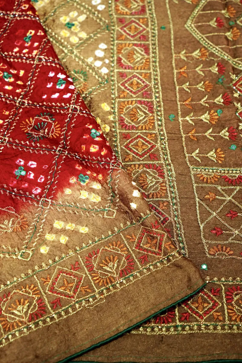 MAROON WITH CHIKU COLOR BANDHEJ SAREE