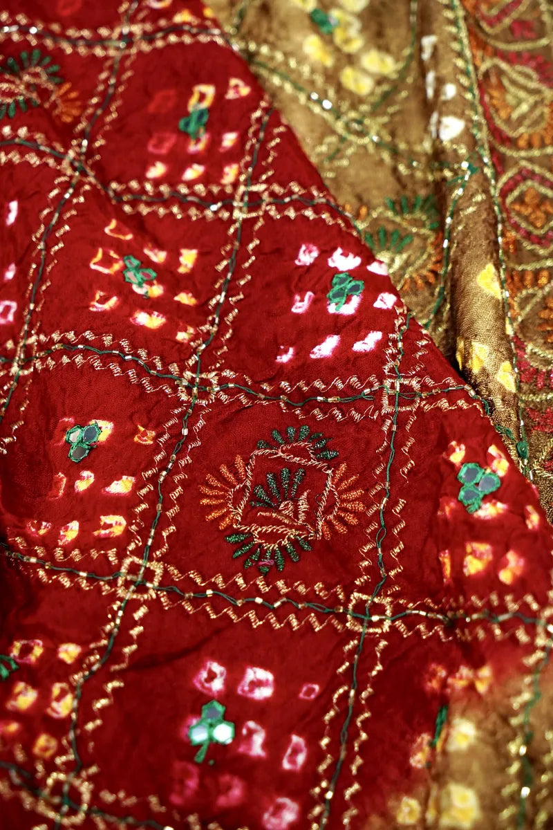 MAROON WITH CHIKU COLOR BANDHEJ SAREE