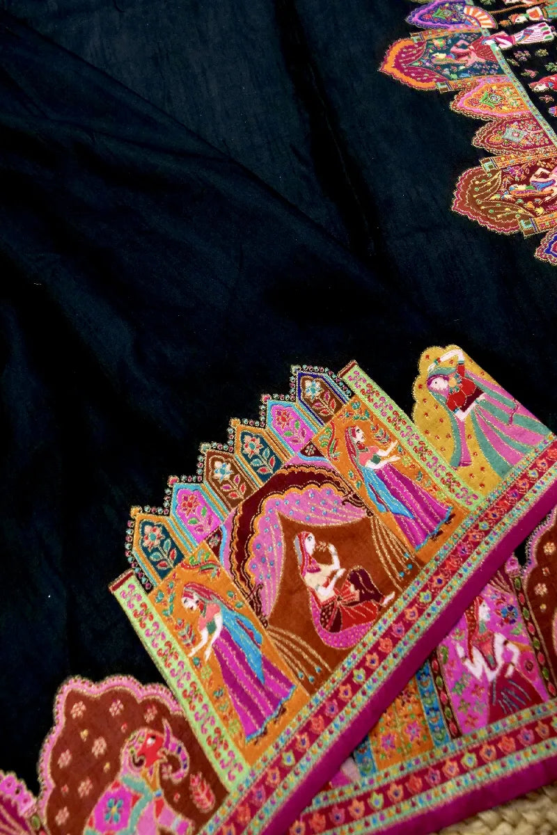 BLACK COLOR CREPE SILK PASHMINA SAREE