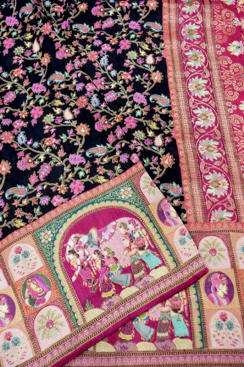 BLACK WITH PINK COLOR CREPE SILK PASHMINA SAREE