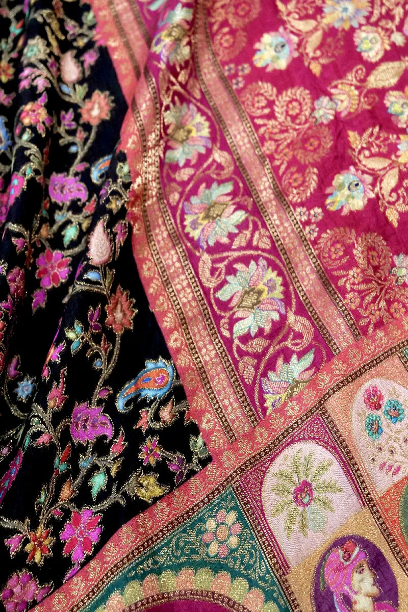 BLACK WITH PINK COLOR CREPE SILK PASHMINA SAREE