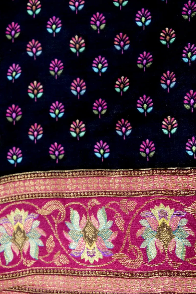 BLACK WITH PINK COLOR CREPE SILK PASHMINA SAREE