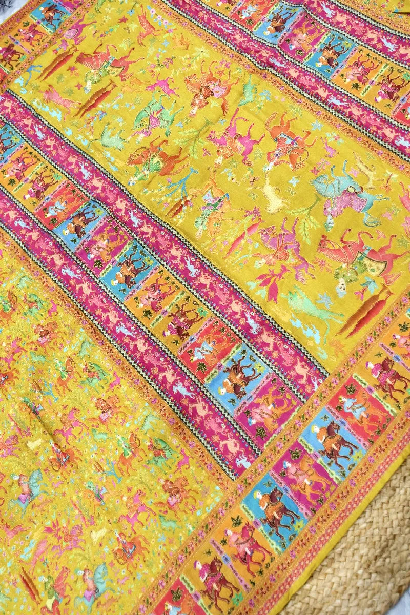 LEMON GREEN WITH PINK COLOR CREPE SILK PASHMINA SAREE