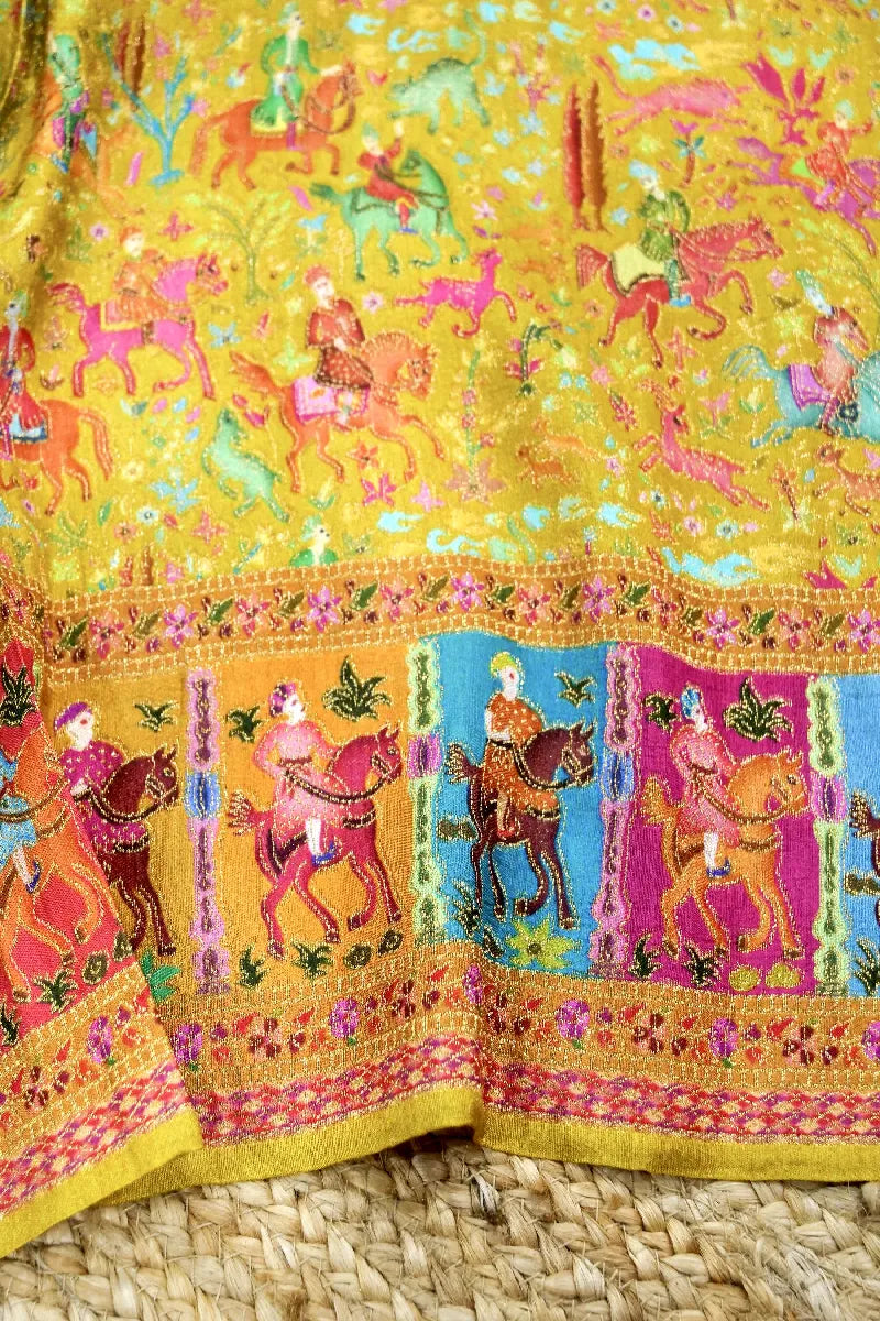 LEMON GREEN WITH PINK COLOR CREPE SILK PASHMINA SAREE