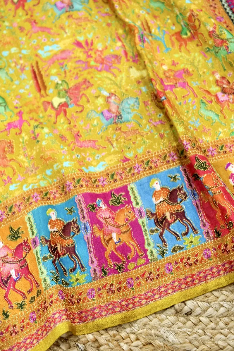 LEMON GREEN WITH PINK COLOR CREPE SILK PASHMINA SAREE