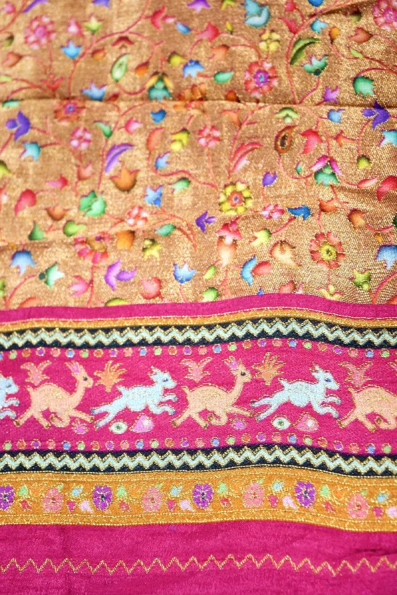 LEMON GREEN WITH PINK COLOR CREPE SILK PASHMINA SAREE