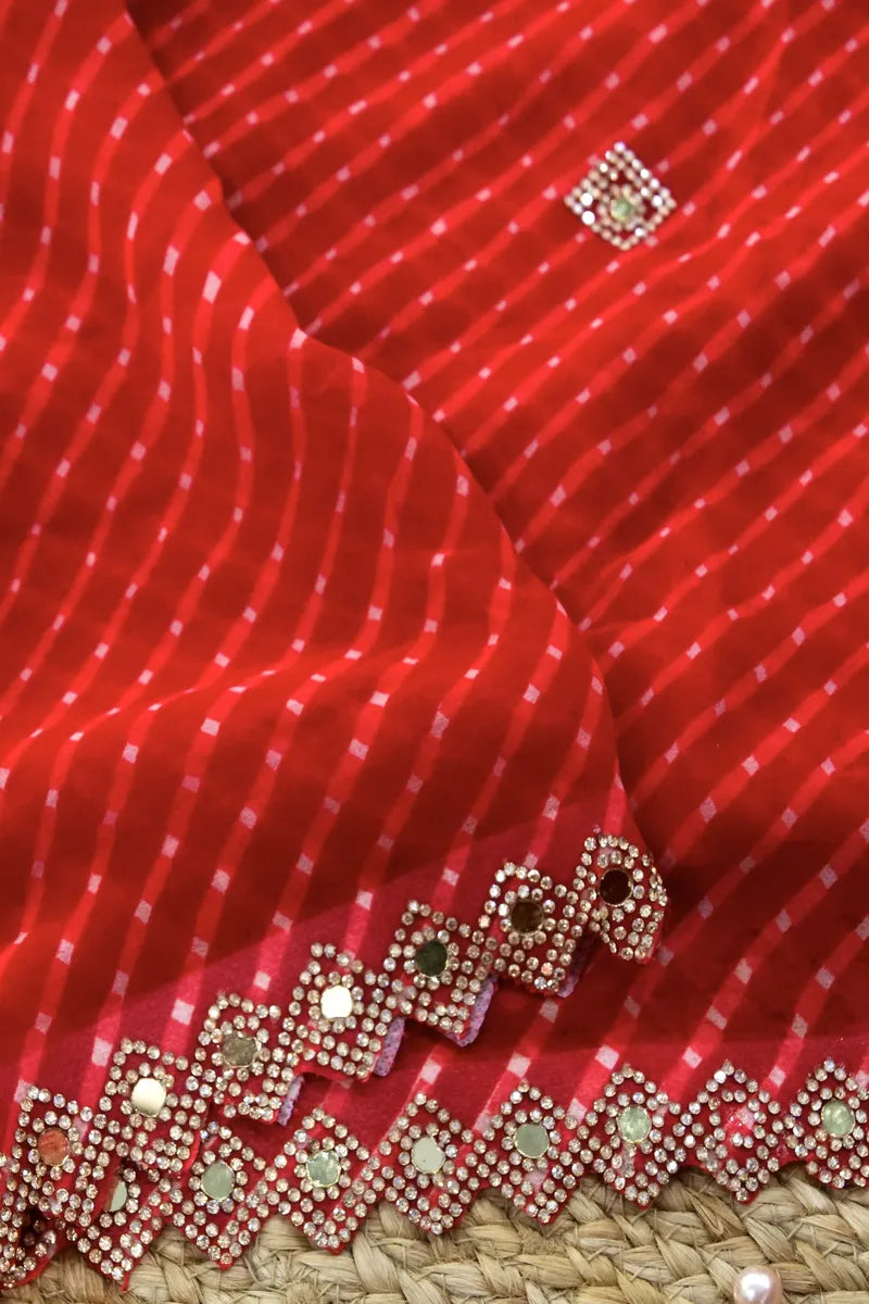 RED COLOR CHIFFON LEHERIYA PRINT SAREE