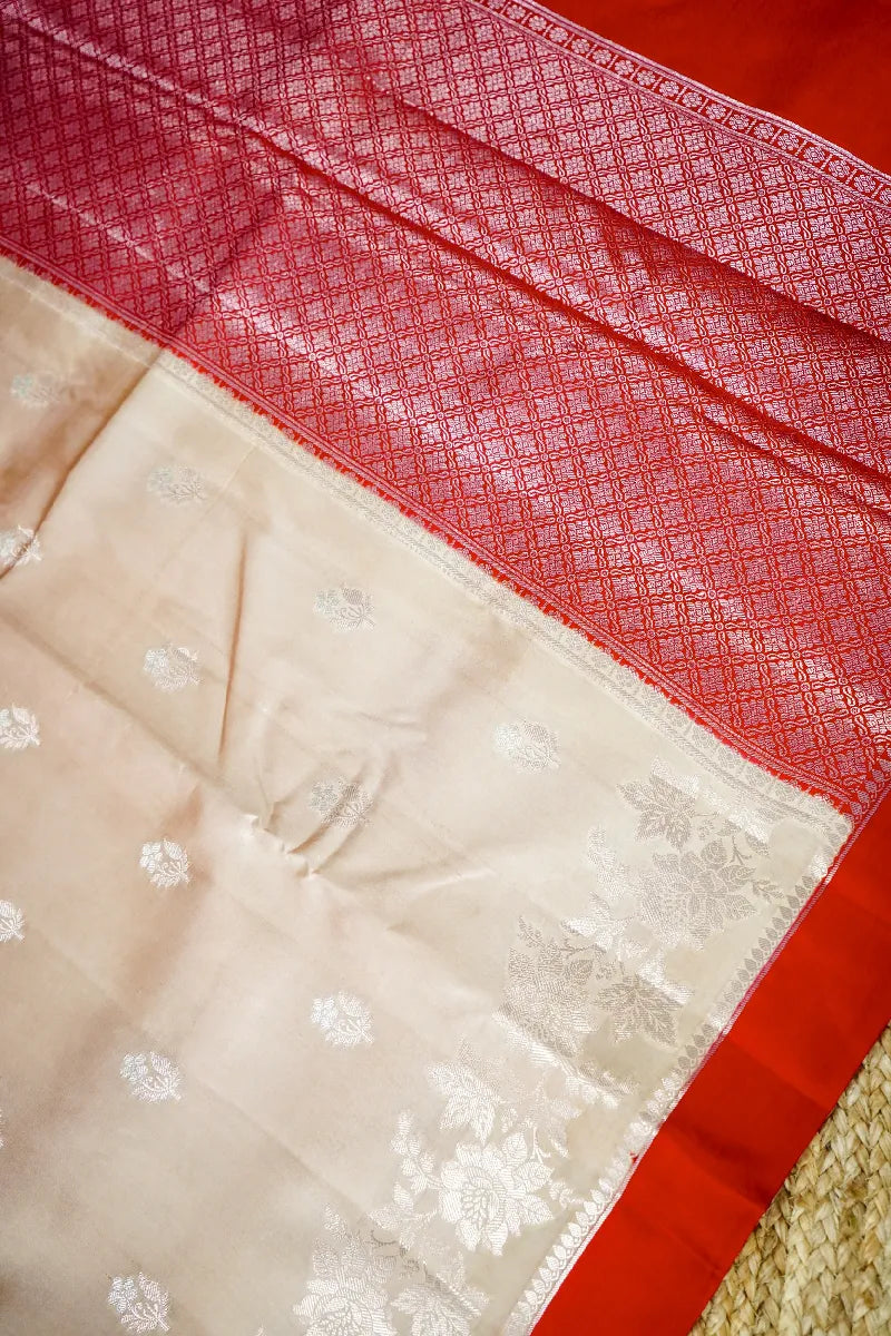 CREME WITH RED COLOR PURE MANGO SILK SAREE