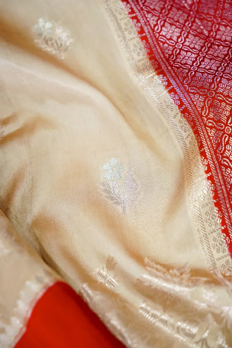 CREME WITH RED COLOR PURE MANGO SILK SAREE