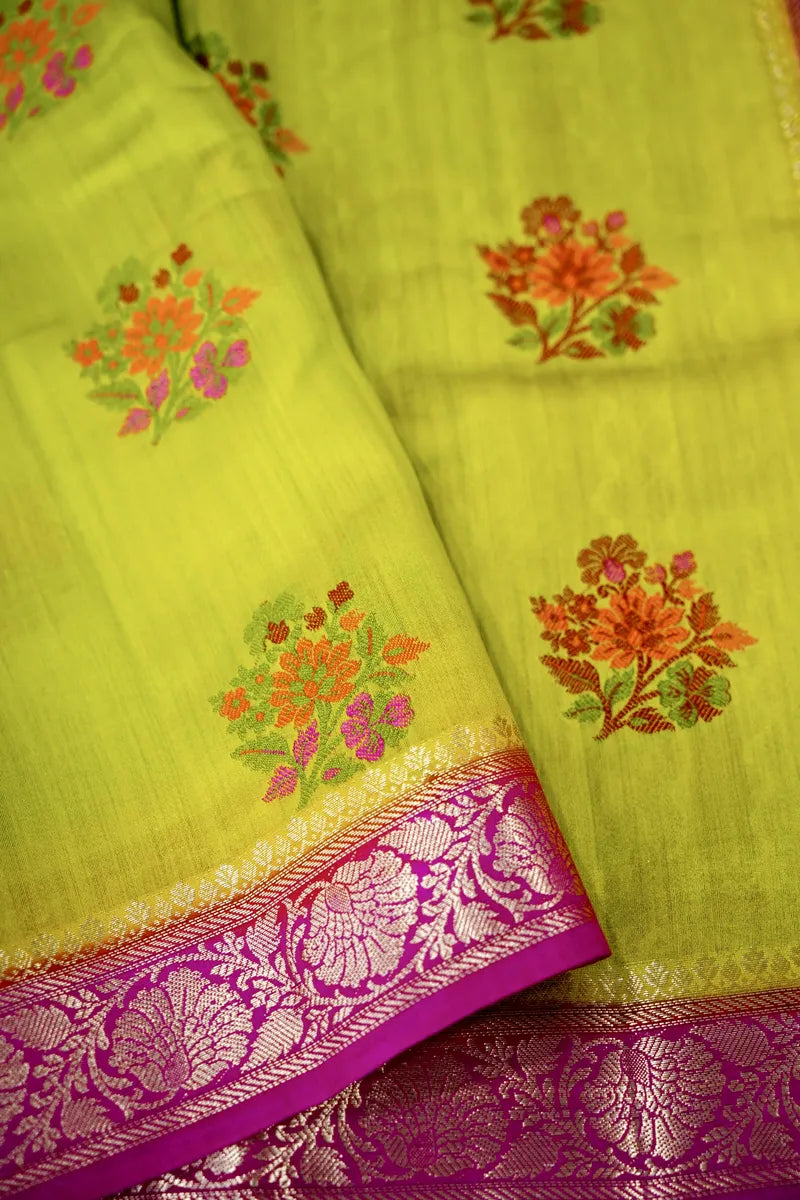 MEHENDI GREEN WITH PINK COLOR PURE CHINIYA SILK SAREE