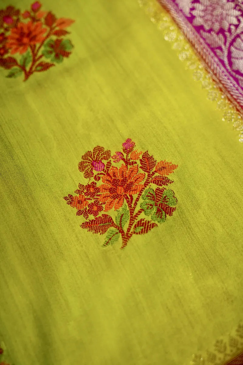 MEHENDI GREEN WITH PINK COLOR PURE CHINIYA SILK SAREE
