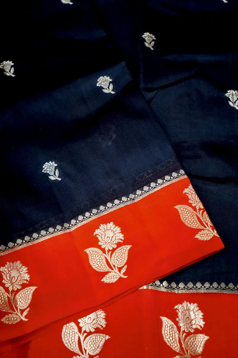 BLACK WITH RED COLOR PURE DUPIAN SILK SAREE
