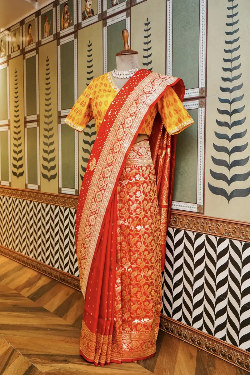 PURE BANARASI RED PARTLY COLOR DOUBLE KATAN SILK SAREE
