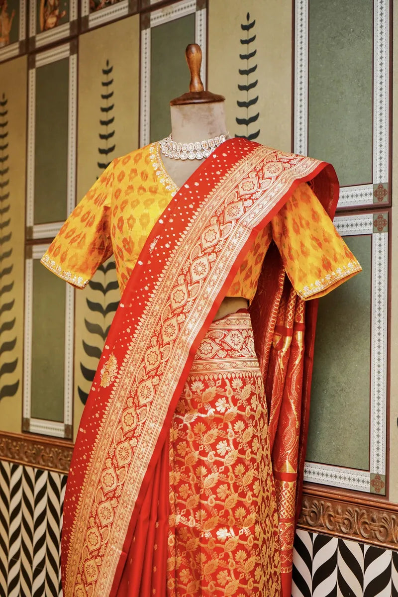 PURE BANARASI RED PARTLY COLOR DOUBLE KATAN SILK SAREE