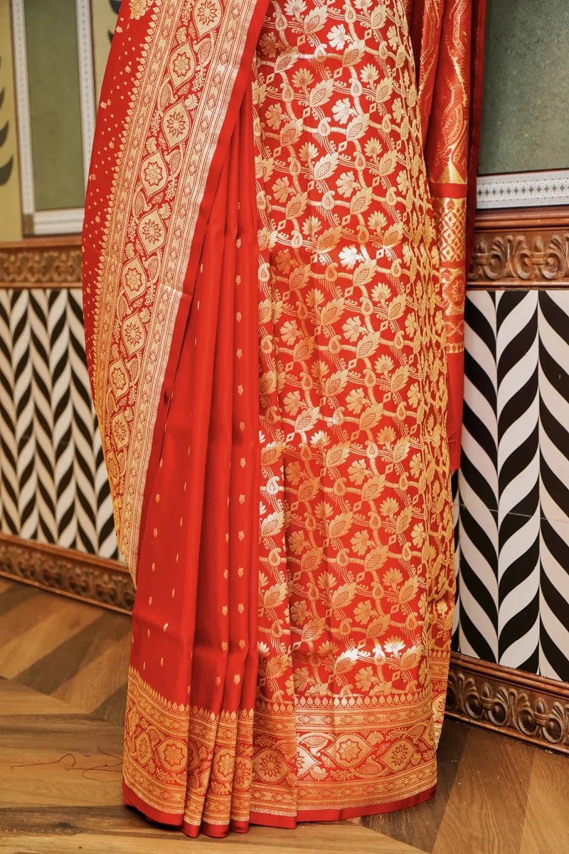 PURE BANARASI RED PARTLY COLOR DOUBLE KATAN SILK SAREE