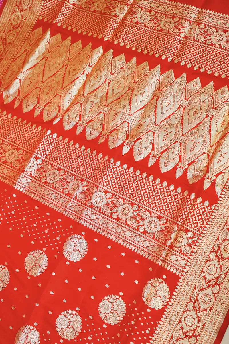 PURE BANARASI RED PARTLY COLOR DOUBLE KATAN SILK SAREE