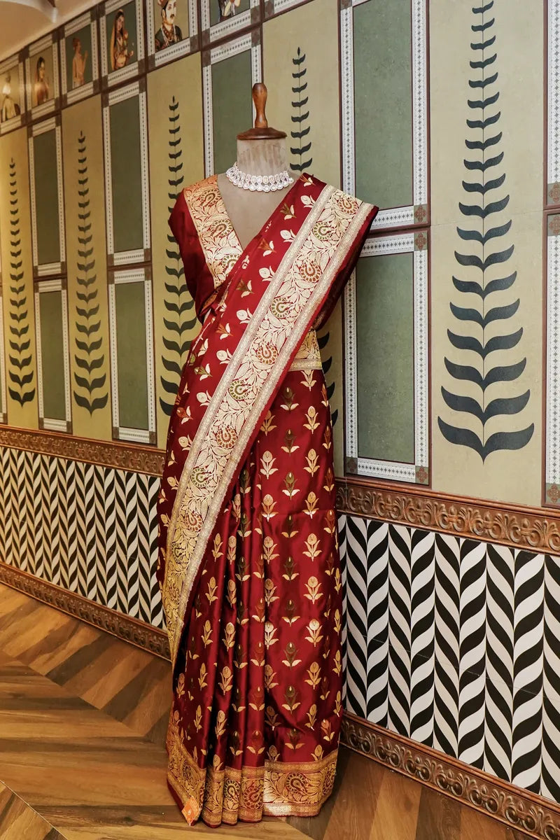 PURE BANARASI MAROON COLOR DOUBLE KATAN SILK SAREE