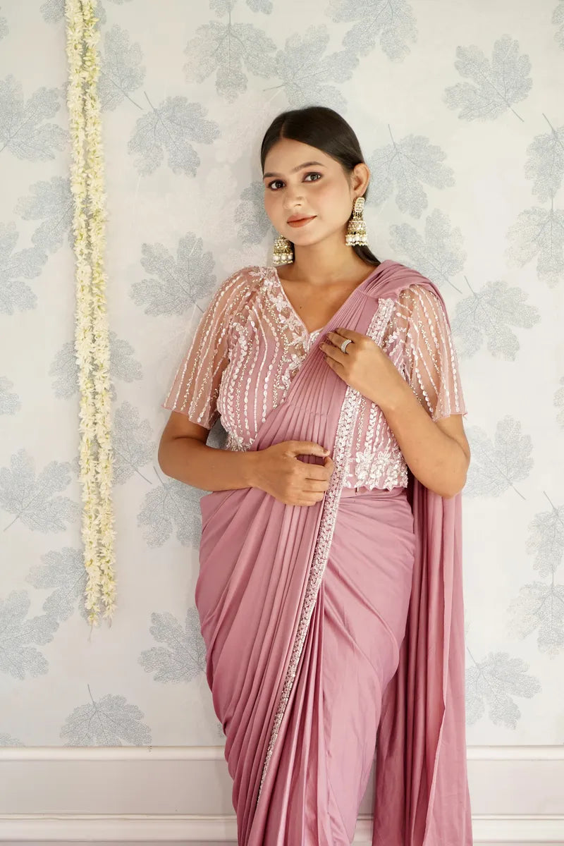 MAUVE COLOR READY TO WEAR SAREE INDO WESTERN