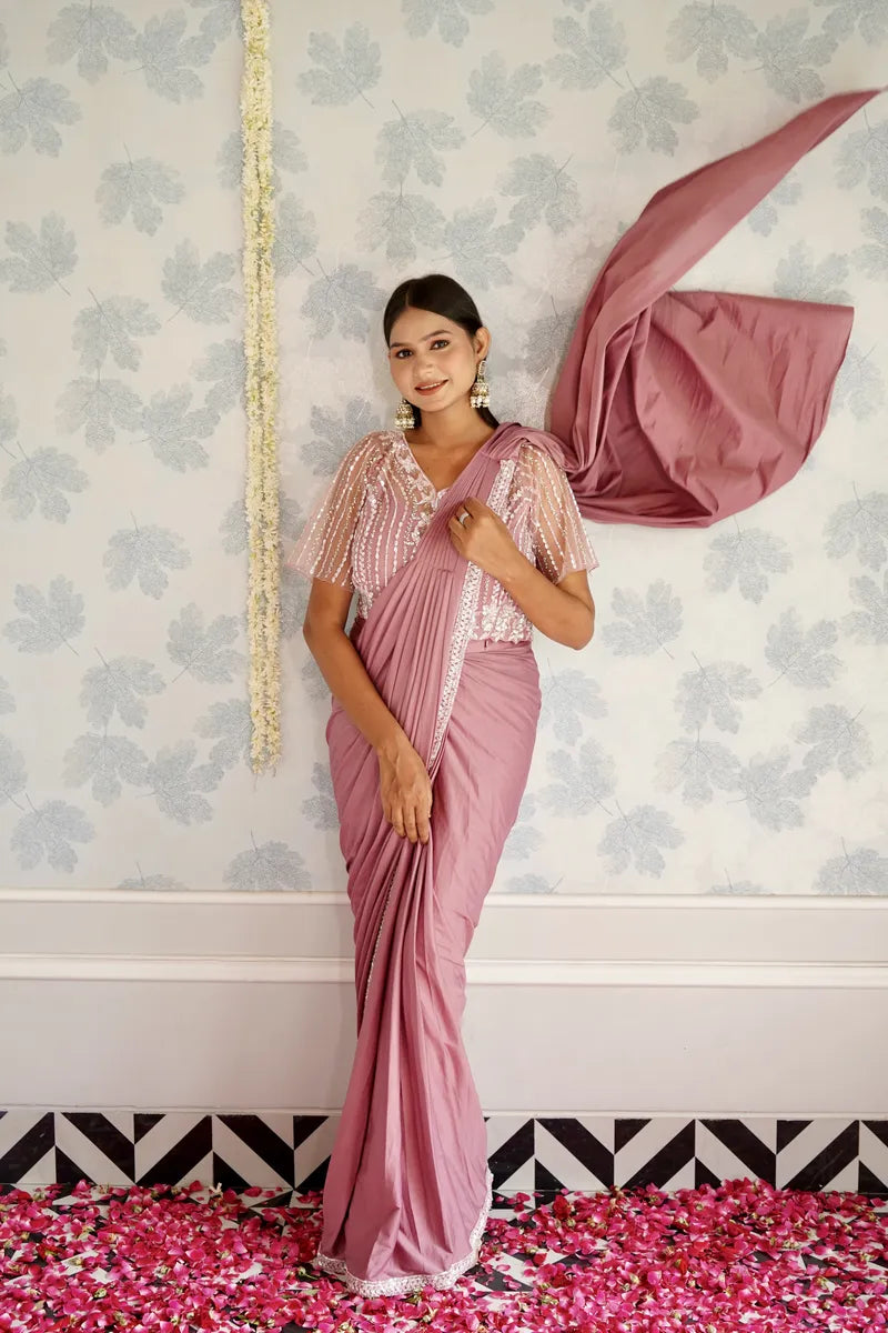 MAUVE COLOR READY TO WEAR SAREE INDO WESTERN