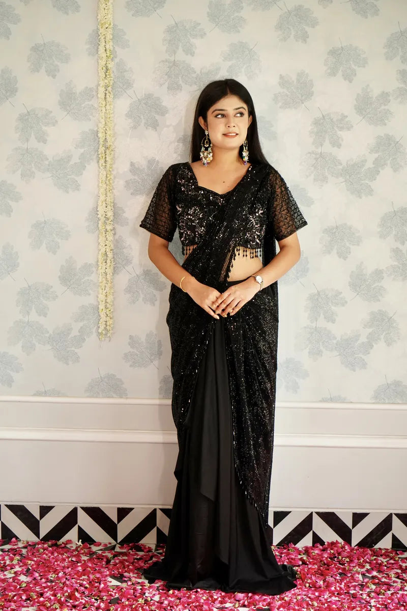 BLACK COLOR READY TO WEAR SAREE INDO WESTERN