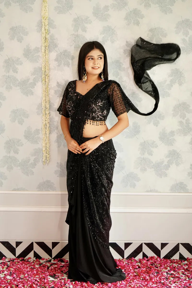 BLACK COLOR READY TO WEAR SAREE INDO WESTERN